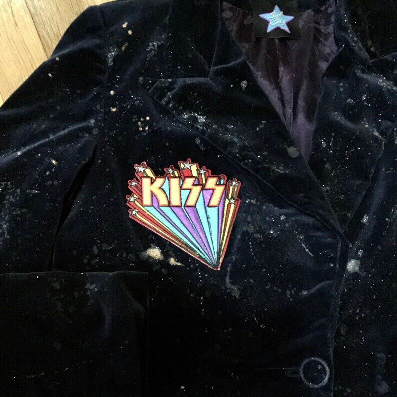 Vintage Glam Rock n Roll Band Jacket-Distressed Splatter Velvet KISS Blazer
