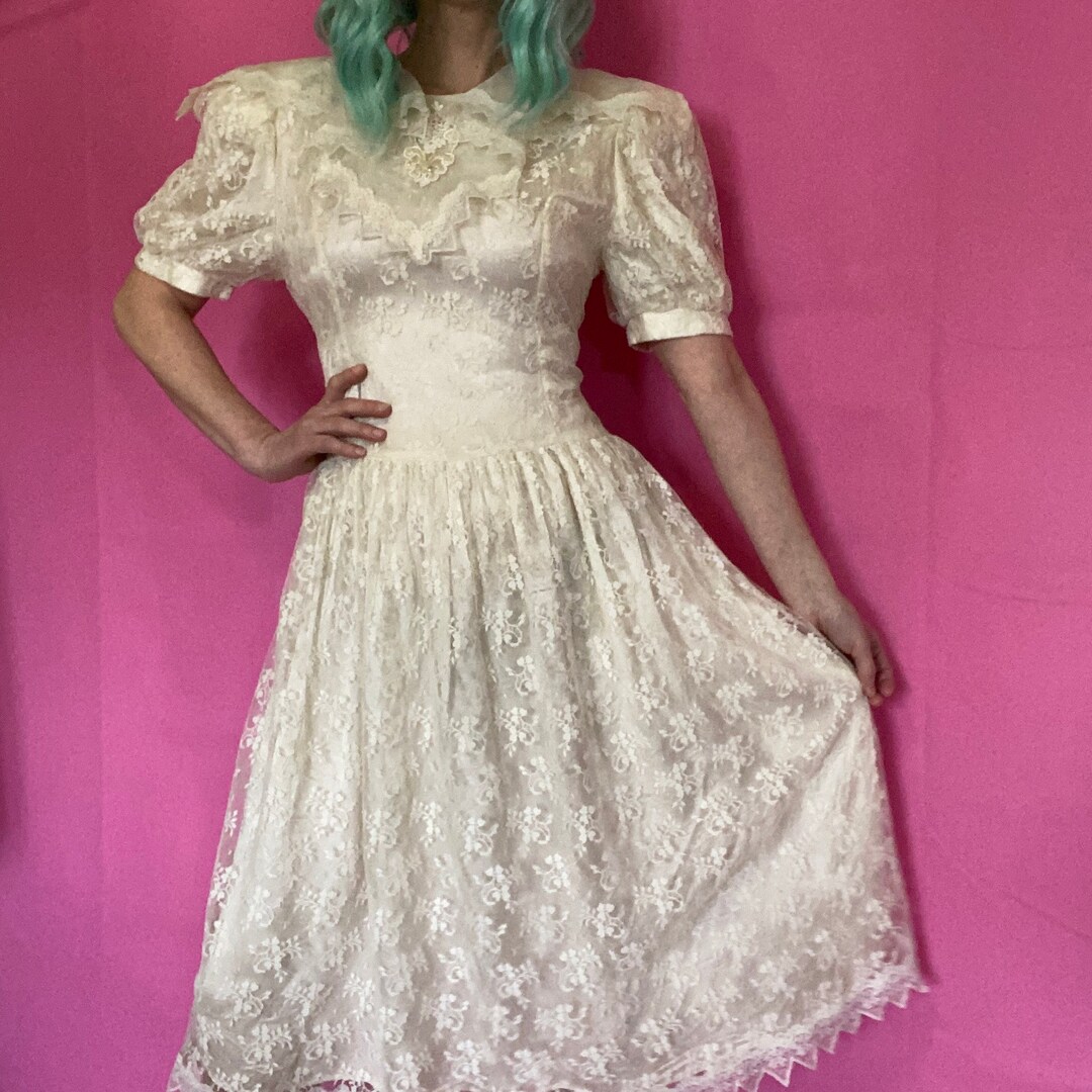 Vintage Gunne Sax by Jessica Mcclintock Ivory Lace Puff Sleeve Dress - Etsy