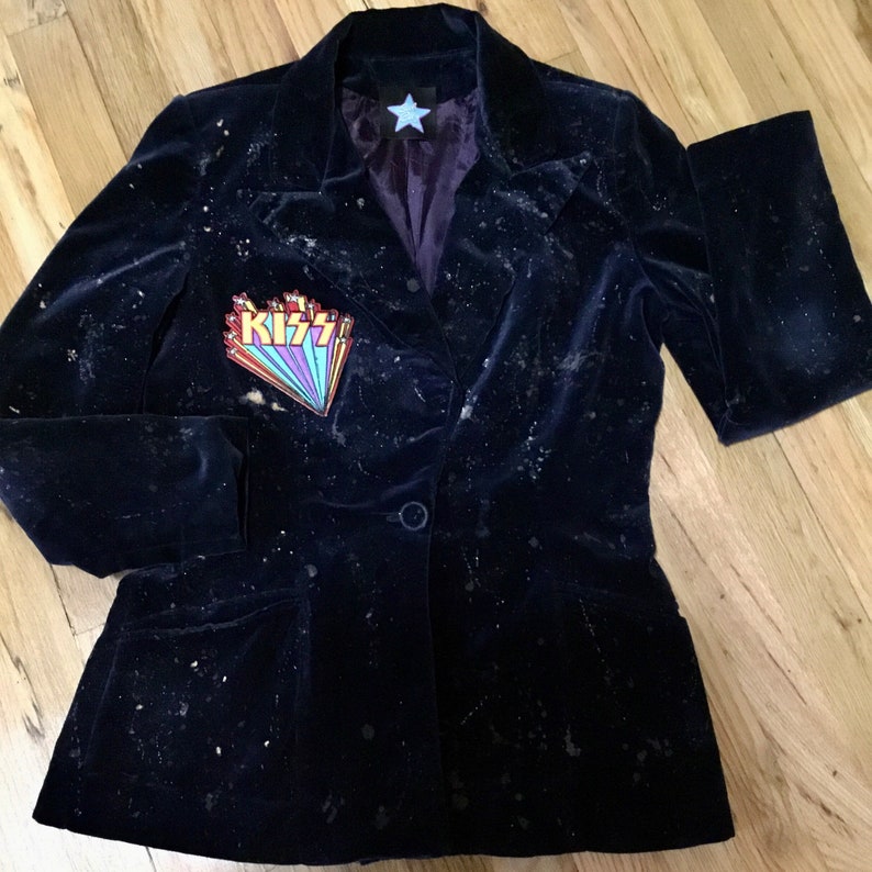 Vintage Glam Rock n Roll Band Jacket-Distressed Splatter Velvet KISS Blazer
