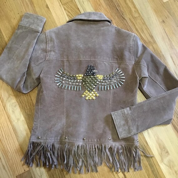 Vintage Suede Leather Studded Eagle Fringe Jacket