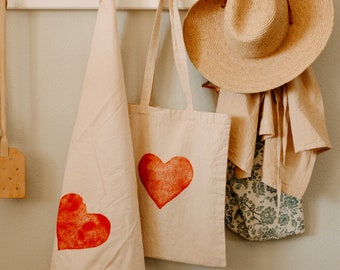 Plant Dyed Canvas Tote Pink Naturally dyed cotton bag heart tote bag Block Printed bag Eco friendly Valentine gift unisex gift