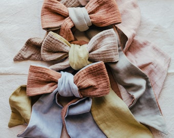 Waffle hair scarf Organic gauze hair tie Naturally dyed bow Plant dyed reversible hair bow Eco friendly gifts Retro style bow Earthy tones