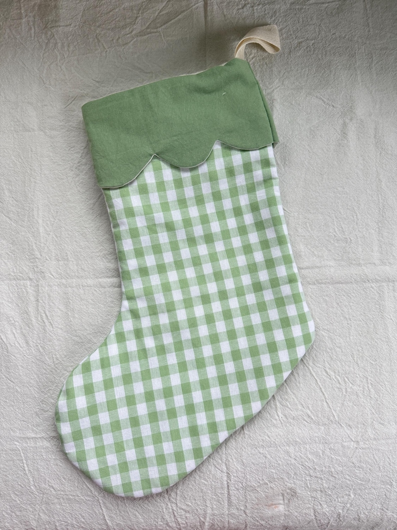 retro Christmas sock- Hand embroidered Personalized Handmade Christmas stocking Xmas decorations gingham green/green
