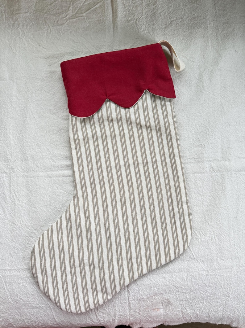 retro Christmas sock- Hand embroidered Personalized Handmade Christmas stocking Xmas decorations stripes/crimson