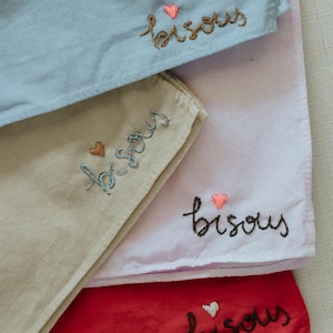 hand embroidered hand dyed Bisous cotton bandana Naturally dyed small scarf Gift Neckerchief minimalistic bandana Eco friendly gift