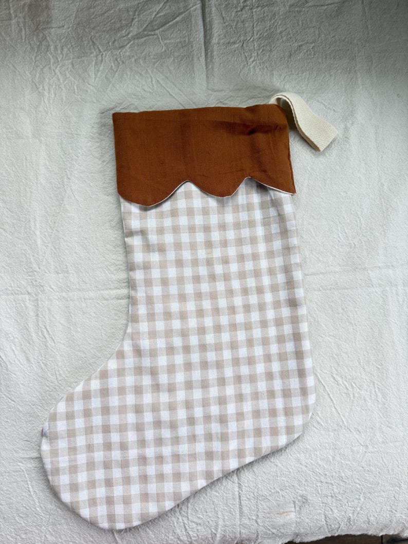 retro Christmas sock- Hand embroidered Personalized Handmade Christmas stocking Xmas decorations beige check/brown