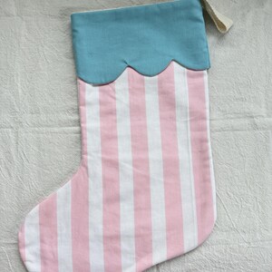 retro Christmas sock- Hand embroidered Personalized Handmade Christmas stocking Xmas decorations pink stripes/sky