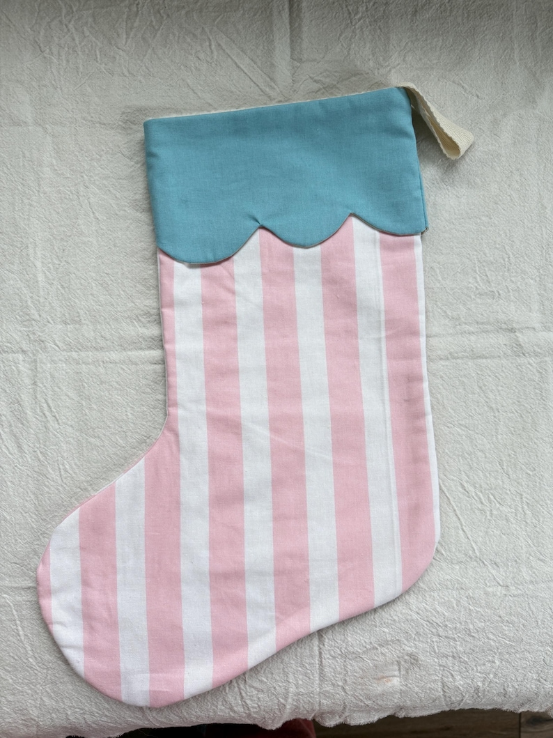 retro Christmas sock- Hand embroidered Personalized Handmade Christmas stocking Xmas decorations pink stripes/sky
