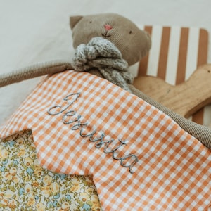 May include: A handmade stuffed cat toy with long arms and a grey scarf. The cat wears a dress with a floral pattern and an orange and white gingham bib embroidered with the name "Jes&uacute;s". A wooden toy and ruler are also visible.