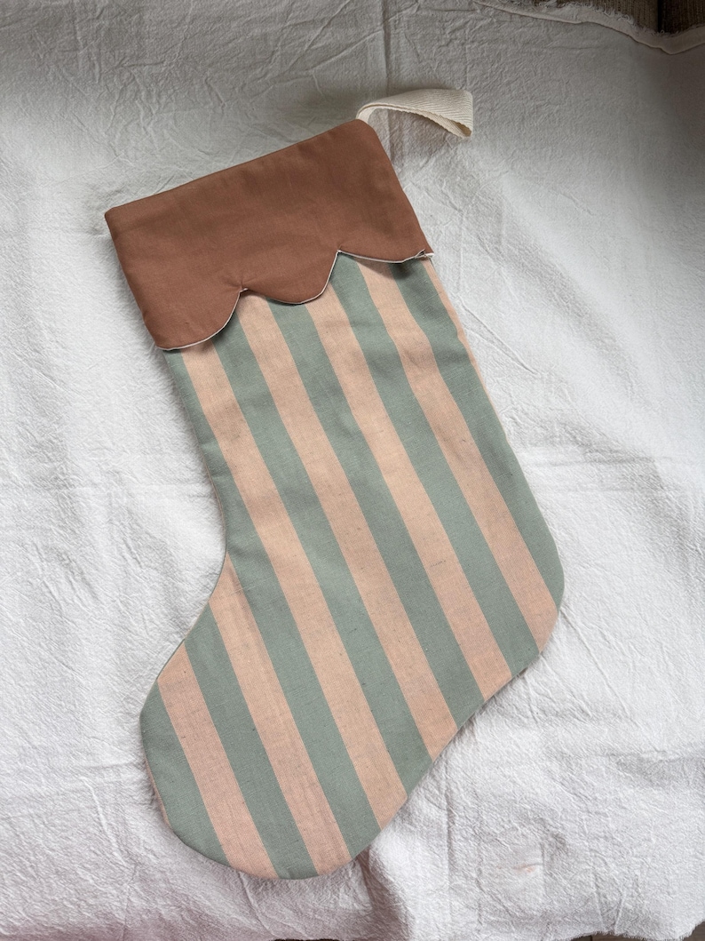 retro Christmas sock- Hand embroidered Personalized Handmade Christmas stocking Xmas decorations green stripes/brown