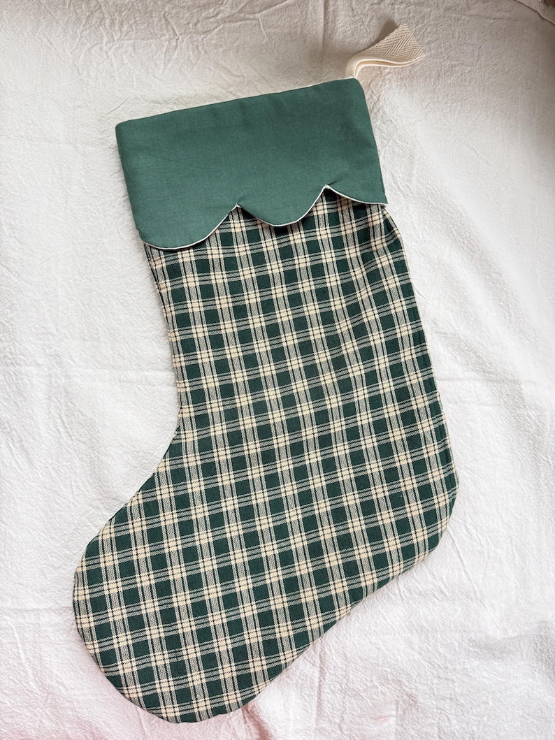 retro Christmas sock- Hand embroidered Personalized Handmade Christmas stocking Xmas decorations plaid green/green