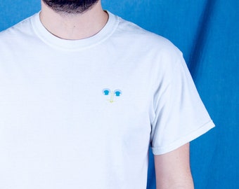 BOSOM BUDY TEE | Upcycled White Cotton T-shirt | Googly eyes and embroidered nose | Unisex | Sustainable, Reclaimed, Renewed