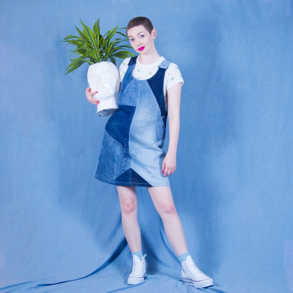 UPCYCLED PATCHWORK DRESS Sustainable Denim Jumper Classic Dungaree Dress Reclaimed Renewed Recycled Etsy