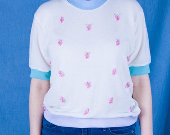 Barbie Sweater | Upcycled White Cotton Teeshirt | Googley eyes and embroidered nose | Unisex | Sustainable, Reclaimed, Renewed