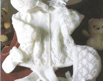 Instant Download Baby Knitting Pattern Pram Set. Hat Bonnet Jacket Leggings Mitts Vintage PDF