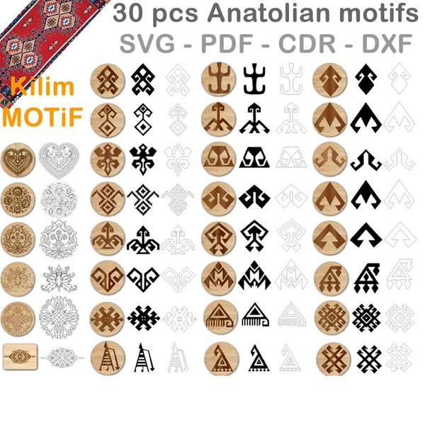 30 pcs Anatolian motifs. Turkish ethnic patterns,Turkish rug patterns.Drawings, Laser engraving files PDF,SVG,CDR