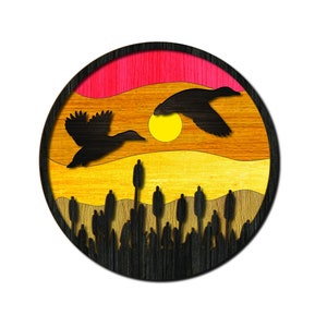 3 layers mallard duck laser cutting files. mallard duck SVG,pdf,dxf and Ai file format. sunset mallard duck wall board laser cut file.