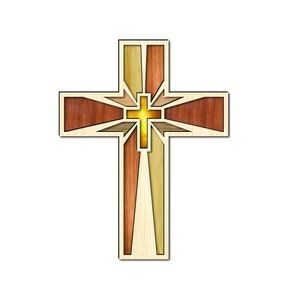 May include: A wooden cross with a stained glass design featuring a golden sunburst in the center. The cross is made of different shades of brown wood.