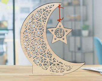 Four hanging accessories with Allah and Muhammad inscriptions. crescent moon star table top decor products. Laser cut file. SVG, pdf...