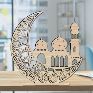 Crescent Moon-tafeldecoratieproducten. Cadeau lasersnijbestand voor moslims. Svg-, cdr-, dxf-, ai- en pdf-bestandsindeling. islamitisch patroon.
