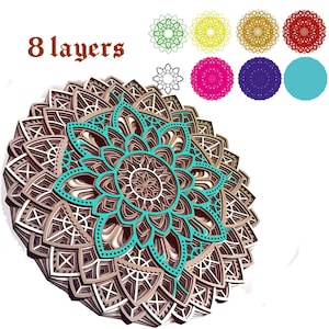 Mandala 3d. Ornamento a parete mandala a 8 strati. Mandala laser cut file SVG, dxf, dwg, Cdr e cricut file.