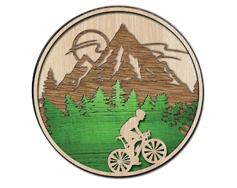 Bike, mountains and hills, 4-layer laser cut file. Bike, mountain, hill, forest and sunset File format SVG, Dxf, Pdf, Cdr, Ai. Bike Laser.