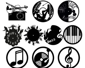 10-in-1 music themed wall art or clock file. Laser cut file. SVG, pdf , dxf, cdr, dwg file format.