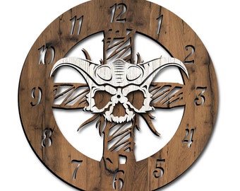 Wall clock gothic, laser cut file. Laser cut project plan. Wall clock skull laser cut file. Skull Wall clock SVG, Ai, Cdr, Dxf and Pdf file.