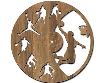 Wall clock with basketball, laser cut file. Laser cut project plan. Wall clock laser cut file. Wall clock SVG, Ai, Cdr, Dxf and Pdf file.