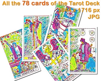 All the 78 cards of the Tarot Deck. Print table file. color pastel Tarot Card Deck. The classic tarot cards are colored. JPG file