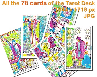 Wszystkie 78 kart talii Tarota. Wydrukuj plik tabeli. kolorowe pastelowe Tarot Card Deck. Klasyczne karty Tarota są kolorowe. Plik JPG