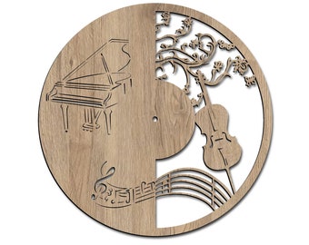 Wall clock with music, laser cut file. Laser cut project plan. Wall clock laser cut file. Wall clock SVG, Ai, Cdr, Dxf and Pdf file.