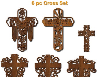 Modello vettoriale a croce da 6 pezzi tagliato al laser. File vettoriale per taglio laser. Arte murale. Decorazione murale. Formato file SVG, CDR, DXF, Ai. Arte cristiana.