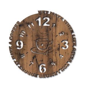 Wall clock with Coffee, laser cut file. Laser cut project plan. Wall clock laser cut file. Wall clock SVG, Ai, Cdr, Dxf and Pdf file.