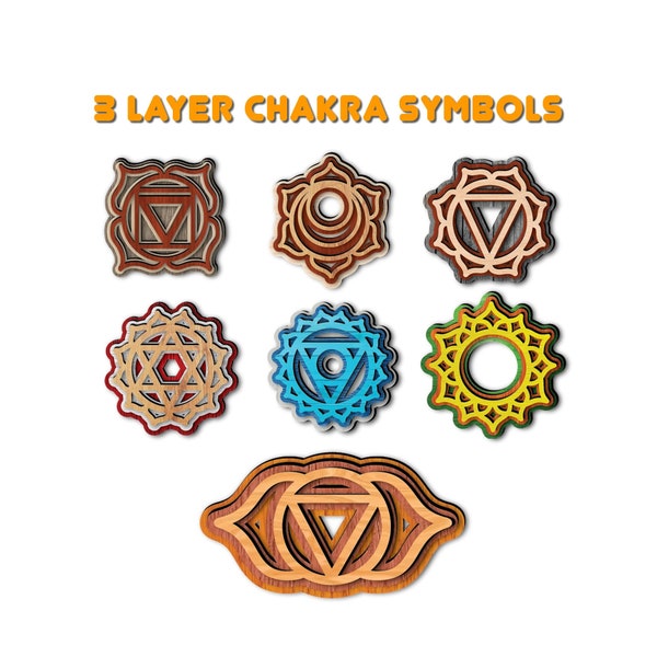 7 chakras laser cut file. chakra SVG cut files. chakras set. anahata, muladhara, sahasrara, vishuddha, swadhisthana, manipura and ajna SVG