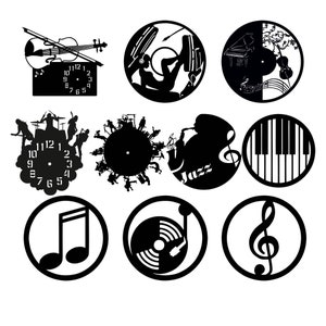 May include: A set of ten black and white vinyl record clock designs. The designs feature musical instruments, notes, and other music-related imagery.