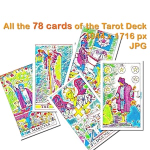 Todas las 78 cartas del Mazo del Tarot. Imprimir archivo de tabla. color pastel Tarot Card Deck. Las cartas clásicas del tarot son de colores. Archivo JPG