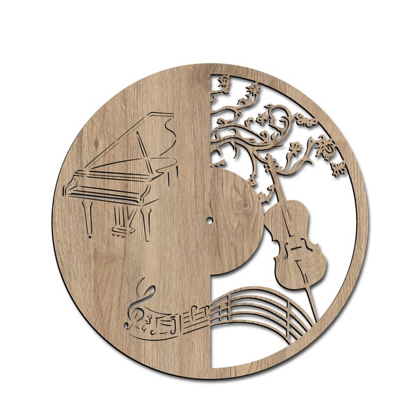 Wall clock with music, laser cut file. Laser cut project plan. Wall clock laser cut file. Wall clock SVG, Ai, Cdr, Dxf and Pdf file.