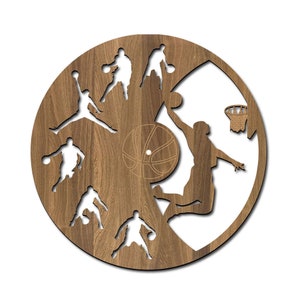 Wall clock with basketball, laser cut file. Laser cut project plan. Wall clock laser cut file. Wall clock SVG, Ai, Cdr, Dxf and Pdf file.