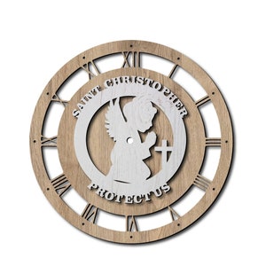 Wall clock Saint Cristopher, laser cut file. Laser cut project plan. Wall clock laser cut file. Wall clock SVG, Ai, Cdr, Dxf and Pdf file.