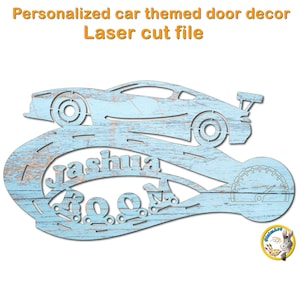 Decoración de puerta personalizada con temática de coche. Colgador de puerta Baby® niño. Limas de corte por láser. Puerta de habitación para niños personalizada, accesorios de puerta personalizables. SVG, cdr