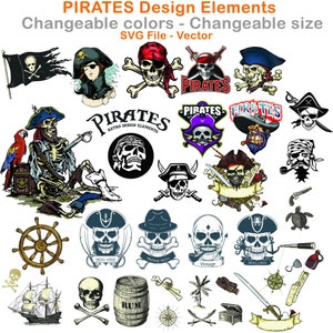 File vettoriale in formato SVG di elementi di design pirati da 40 pezzi. Stampa di t-shirt, tazza, borsa, scatola, ecc. File stampabile. Elementi pirati teschio, spada..