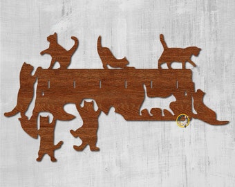 Key Hanger for Wall.  cat Leash Holder. Svg - Cdr - Dxf - Pdf - Ai file formats. Laser cutting files. 3 mm wood. Cats Key hanger