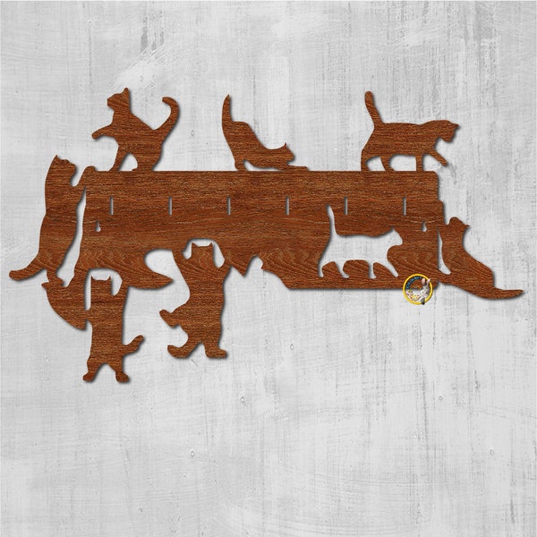 Porte-clés pour mur. Porte-laisse pour chat. Formats de fichiers Svg - Cdr - Dxf - Pdf - Ai. Fichiers de découpe laser. Bois de 3 mm. Porte-clés Chats