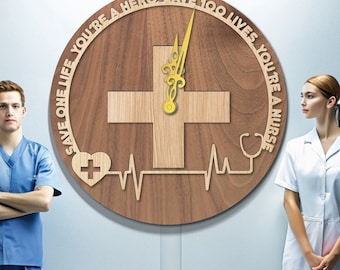 Orologio da parete per infermiera. regalo per l'infermiera. File laser per orologio da parete a tema infermiera. File laser dell'orologio da parete dell'infermiera dell'eroe. File tagliato al laser per infermiere. Infermiera SVG,Dxf.