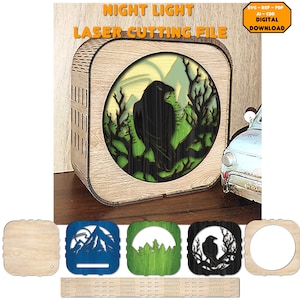 Archivo de corte por láser de luz nocturna de cuervo. Caja de luz Cuervo y montañas. Archivo de luz nocturna multicapa. Lámpara de noche de madera para corte por láser. Archivo Dxf