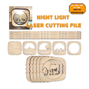 Puede incluir: Archivo de corte por láser para una luz nocturna con una escena de bosque con ciervos y árboles. El archivo incluye varias piezas para ensamblar. La imagen muestra la luz nocturna ensamblada.