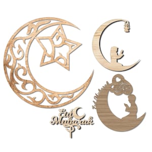 May include: Set of four laser cut wooden ornaments featuring crescent moons and stars. The ornaments are decorated with intricate designs and the text "Eid Mubarak".