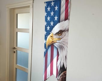 250th Anniversary American Flag and eagle for wall and door, size 19,68" x 59.05", satin fabric, Vivid colors, suspension pipe and rope.