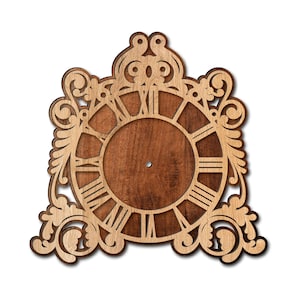 May include: A wooden clock face with ornate carvings around the edge. The clock face is blank and ready for a clock mechanism to be added.